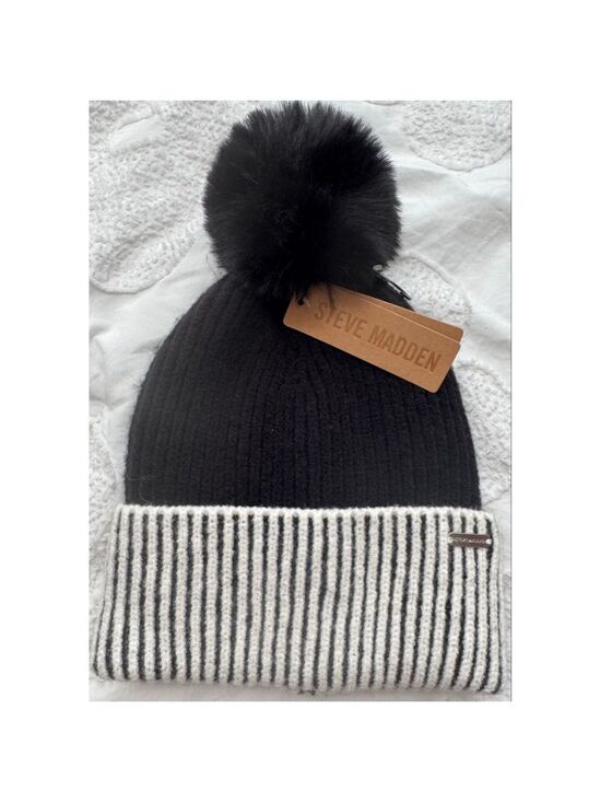 Steve Madden Accessories - Women's Steve Madden Black & White Striped Pom Beanie Hat One Size